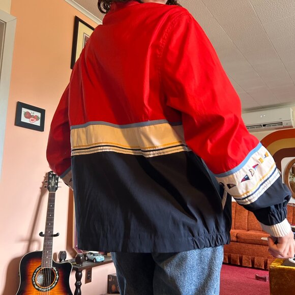 1990s retro color blocked embroidered drop sleeve windbreaker with boat flags - - Picture 7 of 13